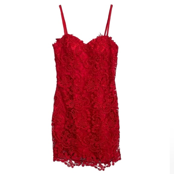 Vintage Red Satin Embroidered Lace Cocktail Dress - Picture 10 of 10